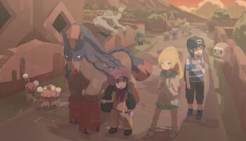 1boy 2girls absurdres backpack bag black_hair black_hat blonde_hair brown_jumpsuit buneary fukui gen_1_pokemon gen_2_pokemon gen_3_pokemon gen_4_pokemon gen_7_pokemon gloves granbull grey_gloves hapu_(pokemon) hat highres jumpsuit long_hair machamp mudsdale multiple_girls neckerchief nintendo open_mouth outdoors pelipper pink_bag pleated_skirt pokemon pokemon_(creature) pokemon_sm ponytail purple_hat purple_neckerchief riolu rowlet shirt short_hair skirt snubbull striped_clothes striped_shirt twintails very_long_hair white_shirt white_skirt