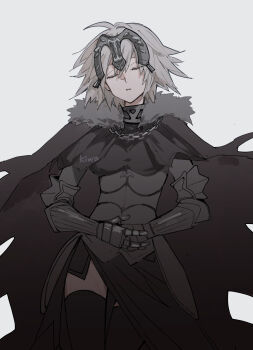 1girl ahoge armor armored_dress black_cape black_thighhighs breasts cape chain closed_eyes dress fate/grand_order fate_(series) fur_trim gauntlets gloves greyscale hands_on_own_stomach headpiece highres jeanne_d&#039;arc_alter_(avenger)_(fate) jeanne_d&#039;arc_alter_(fate) ki_wa001 monochrome short_hair simple_background solo thighhighs thighs white_background yellow_eyes
