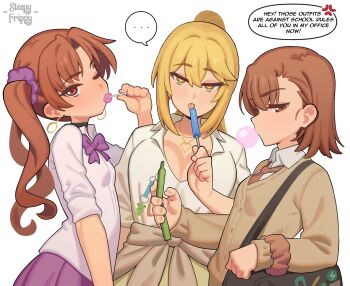 3girls alternate_costume alternate_eye_color bag black_bag black_choker blonde_hair blowing_bubble_gum bow breasts bright_pupils brown_eyes brown_hair brown_jacket brown_necktie brown_sweater candy cellphone chest_bow chewing_gum choker cleavage clothes_around_waist commentary don_quijote_(store) earrings english_commentary english_text flip_phone food food_in_mouth gekota gyaru hair_between_eyes hair_ornament hair_scrunchie half-closed_eyes highres holding holding_food holding_phone holding_popsicle hoop_earrings jacket jacket_around_waist jewelry large_breasts lightning_bolt_symbol lollipop lollipop_in_mouth long_hair looking_at_viewer medium_hair misaka_mikoto multiple_girls necktie official_alternate_costume official_alternate_hairstyle one_eye_closed phone ponytail popsicle popsicle_in_mouth purple_bow red_eyes scrunchie shirai_kuroko shirt shokuhou_misaki sleepy_frippy speech_bubble star-shaped_pupils star_(symbol) sweater symbol-shaped_pupils toaru_kagaku_no_railgun toaru_majutsu_no_index white_shirt wrist_scrunchie yellow_pupils