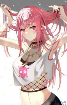 1girl adjusting_hair armpits black_pants blush chariot_(teachariot828) commentary_request fishnets frown highres hololive hololive_english jewelry long_hair midriff mori_calliope mori_calliope_(streetwear) nail_polish navel necklace pants pink_eyes pink_hair red_nails shirt skull_and_crossbones skull_print sleeveless sleeveless_shirt solo very_long_hair white_shirt