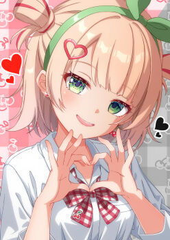 Rule 34 | 1girl, :d, absurdres, asaba touka, blunt bangs, bow, bowtie, collared shirt, commentary request, double bun, earrings, eyelashes, four-finger heart hands, glint, green eyes, green hairband, green ribbon, grey background, hair bun, hair ribbon, hairband, hands up, heart, heart hands, highres, indie virtual youtuber, jewelry, looking at viewer, medium hair, open mouth, pink background, plaid bow, plaid bowtie, plaid clothes, red bow, red bowtie, ribbon, shigure ui (vtuber), shirt, simple background, smile, solo, stud earrings, teeth, two-tone background, upper body, upper teeth only, virtual youtuber, white shirt