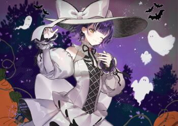 1girl alternate_costume ascot bare_shoulders bat_(animal) black_ribbon blurry blush bokeh bow breasts choker closed_mouth collar commentary_request corset cowboy_shot cross-laced_clothes dark depth_of_field detached_sleeves dress forest frilled_collar frills gem ghost gloves halloween halloween_costume hand_on_headwear hand_on_own_chest hat hat_bow highres jack-o&#039;-lantern lace_trim large_bow light_smile long_sleeves looking_at_viewer moyuhisa nail_polish nanase_suzuna nature neck_ribbon night night_sky nijisanji one_eye_closed orange_eyes puffy_sleeves pumpkin purple_background purple_hair red_gemstone ribbon sheet_ghost short_hair signature silhouette skirt sky sleeve_bow smile solo sparkle star_(sky) starry_sky tree virtual_youtuber white_ascot white_dress white_gloves white_hat witch witch_hat