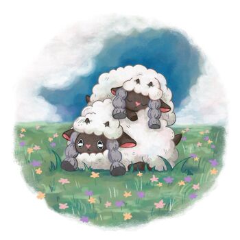 animal_focus blue_sky closed_eyes closed_mouth cloud flower fukyo gen_8_pokemon grass highres horns nintendo no_humans outdoors pokemon pokemon_(creature) pokemon_focus sheep sheep_horns sky sleeping tail wool wooloo
