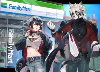 1boy 1girl absurdres animal_ears araya_(hachino_araya) bag belt black_hair black_jacket breasts commentary_request convenience_store crop_top denim ellen_joe eyewear_hang eyewear_on_head familymart fins fish_tail furry furry_male guest_art hair_between_eyes headphones headphones_around_neck highres holding holding_bag jacket jeans jewelry navel necklace open_clothes open_jacket pants plastic_bag red_eyes red_hair ring shark_girl shark_tail shop short_hair studded_choker tail torn_clothes unworn_eyewear von_lycaon white_hair wolf_boy wolf_ears wolf_tail zenless_zone_zero