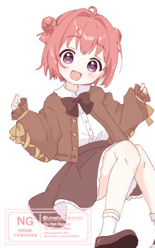 1girl :d ahoge akaza_akari blush bow bowtie brown_bow brown_bowtie brown_jacket brown_shoes brown_skirt collared_shirt commentary_request dot_nose double_bun foot_out_of_frame frilled_skirt frills hair_bun hair_intakes hands_up highres jacket long_sleeves looking_at_viewer mearian open_clothes open_jacket open_mouth purple_eyes red_hair shirt shoes short_hair simple_background skirt smile socks solo twitter_username watermark white_background white_shirt white_socks yuruyuri