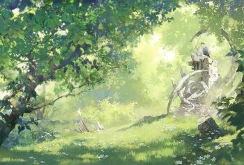 2boys black_footwear blonde_hair blue_tunic bone boots brown_hair commentary dion_lesage final_fantasy final_fantasy_xvi grass green_theme hashtag-only_commentary long_sleeves male_focus multiple_boys outdoors pants pillar plant shirt sitting terrence_(ff16) tree tunic white_pants white_shirt xiling