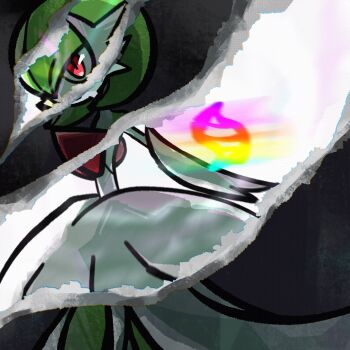 bob_cut colored_skin dress elbow_gloves gardevoir gen_3_pokemon gloves green_hair highres mega_evolution mega_evolution_symbol mega_gardevoir mega_pokemon mikanbouzuuu nintendo pink_eyes pokemon pokemon_(creature) white_dress white_gloves white_skin