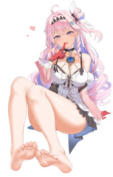 1girl absurdres ahoge bare_shoulders barefoot black_bow bow breasts chain cleavage colored_inner_hair commentary_request denia_(wuthering_waves) detached_sleeves dress feet gloves hair_bow hair_intakes hair_ornament heart highres index_finger_raised large_breasts long_hair looking_at_viewer multicolored_hair open_mouth pink_hair purple_eyes purple_hair red_gloves simple_background sitting smile soles solo thighs toes usagi_poi white_background white_dress wuthering_waves