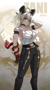 1girl ahoge arm_strap arm_up bare_shoulders black_choker black_gloves black_horns black_pants blonde_hair breasts button_gap choker cleavage collarbone commentary curled_horns earrings english_commentary gloves highres horns jewelry jngen97 key_earrings large_breasts long_hair looking_at_viewer mole mole_on_breast mole_under_eye necktie necktie_around_wrists pants red_eyes red_necktie shirt shirt_tucked_in solo torn_clothes torn_shirt white_shirt wuthering_waves zani_(wuthering_waves)