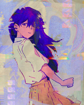 1990s_(style) 1girl brown_skirt closed_mouth collared_shirt glitch hair_between_eyes long_hair looking_at_viewer mari_(headspace)_(omori) mari_(omori) omori pleated_skirt purple_eyes purple_hair retro_artstyle sapgoon shirt short_sleeves skirt smile solo white_shirt