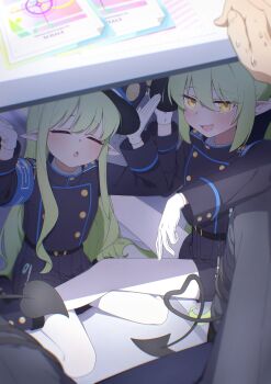 1boy 2girls absurdres arm_rest armband belt black_belt black_hat black_jacket black_shorts black_skirt blue_archive blue_armband blush buttons chestnut_mouth closed_eyes commentary demon_tail desk fang flat_chest fuhao10708 gloves green_hair hair_between_eyes hands_up hat heart highres hikari_(blue_archive) jacket jitome long_hair long_sleeves looking_at_viewer multiple_girls nozomi_(blue_archive) on_floor pantyhose pleated_skirt pointy_ears pov sensei_(blue_archive) shorts siblings sidelocks sisters sitting skin_fang skirt smile sweat tail under_table whistle white_gloves white_pantyhose yellow_eyes