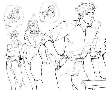 1boy 2girls absurdres altades_art belt blonde_blazer blush bodysuit collared_shirt crop_top cropped_jacket cup dispatch domino_mask drinking eye_mask facial_hair hand_in_pocket hand_on_table highres humping invisigal licking_lips long_hair mask multiple_girls pants shirt shirt_tucked_in short_hair smile speech_bubble thinking thought_bubble tongue tongue_out