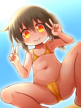 1girl akame-chan_(kyo-yan) bikini brown_hair cameltoe closed_mouth double_v flat_chest highres kso loli long_hair looking_at_viewer micro_bikini navel orange_bikini orange_eyes original side_ponytail smile solo spread_legs squatting swimsuit v webp-to-png_conversion