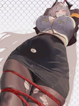 1girl admiral_zenker_(azur_lane) admiral_zenker_(fun_with...interrogations?)_(azur_lane) armband azur_lane black_horns black_jacket black_skirt bound bound_legs bound_thighs bound_wrists breasts chain-link_fence clenched_teeth crotchless crotchless_pantyhose fence flying_button from_below hair_intakes highres hintobento horns jacket long_hair looking_at_viewer looking_down multicolored_hair office_lady official_alternate_costume one_eye_closed pantyhose pencil_skirt popped_button red_eyes red_streaks shirt skirt solo streaked_hair teeth torn_clothes torn_pantyhose unbuttoned unbuttoned_shirt white_hair white_shirt yellow_armband