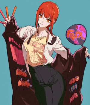 1girl absurdres badge black_necktie black_pants bloom_into_me15 blue_background braid button_badge chainsaw_devil chainsaw_man character_doll coat collared_shirt doll glowstick hand_fan highres holding holding_fan makima_(chainsaw_man) necktie pants pochita_(chainsaw_man) red_eyes red_hair ringed_eyes shirt simple_background solo trench_coat white_shirt