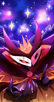 1boy absurdres black_cloak black_sclera cloak colored_sclera commentary crown demon_boy furry furry_male gold_crown hashtag-only_commentary hellaverse helluva_boss highres looking_at_viewer owl_boy paimon_(helluva_boss) red_eyes solo symbol-only_commentary voidseeker