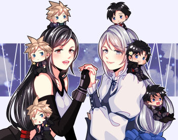 2girls 6+boys babigonice beard black_hair blue_eyes chibi clive_rosfield cloud_strife commentary_request crop_top facial_hair final_fantasy final_fantasy_vii final_fantasy_vii:_advent_children final_fantasy_vii_remake final_fantasy_xvi fingerless_gloves gloves grey_eyes grey_hair highres holding_hands in-franchise_crossover jill_warrick leather leather_vest long_hair looking_at_viewer low-tied_long_hair multiple_boys multiple_girls multiple_persona red_eyes smile tank_top tifa_lockhart vest