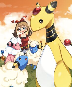 1girl :d absurdres ampharos blue_eyes blush bow_hairband brown_hair closed_mouth cloud commentary evolutionary_line eyelashes flaaffy gen_2_pokemon grass hairband highres mareep may_(pokemon) nintendo open_mouth outdoors pokemon pokemon_(creature) pokemon_oras red_hairband sheep shirt shorts sitting sky sleeveless sleeveless_shirt smile white_shorts yuihico
