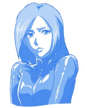 1girl absurdres bleach blue_bodysuit blue_eyes blue_hair blue_theme bodysuit breasts colored_skin commentary copyright_request disappointed english_commentary frown highres inoue_orihime latex latex_bodysuit long_hair looking_at_viewer monochrome small_breasts solo tiyamamashuu upper_body white_background white_skin