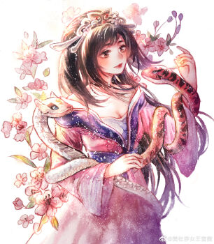 1girl absurdres artist_request blush brown_hair chi_lian_(qin_shi_ming_yue) dress flower hair_ornament highres long_hair looking_at_another pink_dress python qinshi_mingyue second-party_source smile snake solo tiara white_background