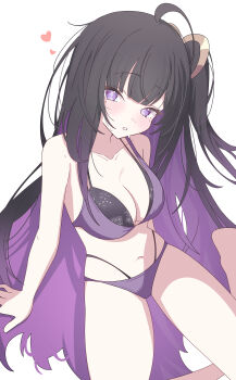 1girl absurdres bikini blush bra breasts chitose_(stella_sora) colored_inner_hair heart highres kanimiso30601 large_breasts long_hair looking_at_viewer multicolored_hair purple_bikini purple_eyes purple_hair side_ponytail sitting stella_sora swimsuit underwear very_long_hair wet