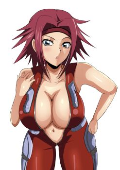 1girl bent_over bodysuit breasts cleavage code_geass hand_on_own_hip highres kouzuki_kallen large_breasts leaning_forward legs looking_at_viewer navel no_bra open_bodysuit open_clothes red_hair solo thick_thighs thighs unzipped