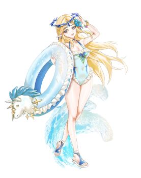 1girl :d absurdres alternate_costume arm_up artist_name bare_arms bare_legs bare_shoulders blonde_hair blue_choker blue_flower blue_one-piece_swimsuit blue_sandals bracelet breasts bright_pupils cartethyia_(wuthering_waves) choker cleavage colored_eyelashes covered_navel crossed_legs crown_of_thorns earrings facial_mark flower forehead_mark frilled_innertube frilled_one-piece_swimsuit frills full_body grey_eyes hair_flower hair_ornament halterneck hand_on_headwear hibiscus highres holding holding_swim_ring imperator_(wuthering_waves) innertube jewelry long_hair looking_at_viewer medium_breasts middle_part multiple_earrings objectification one-piece_swimsuit open_mouth parted_bangs parted_hair pointy_ears polka_dot polka_dot_swimsuit sandals shell shell_bracelet shiny_skin simple_background smile solo standing standing_on_one_leg star_bracelet swim_ring swimsuit tacet_mark_(wuthering_waves) toes unicorn vanillaf very_long_hair watermark watson_cross waves wet white_background white_pupils wuthering_waves