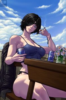 Rule 34 | 1girl, absurdres, alcohol, artist name, bare shoulders, beer, black hair, black jacket, blue eyes, breasts, can, chainsaw man, chair, cigarette, cleavage, closed mouth, cloud, cloudy sky, commentary, english commentary, eyepatch, highres, himeno (chainsaw man), holding, holding can, holding cigarette, jacket, large breasts, looking at viewer, mursty, on chair, short hair, sitting, sky, solo, tank top, thighs