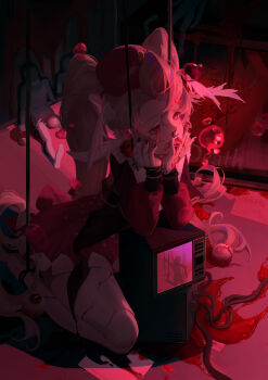 1girl absurdres blood blood_on_face blood_on_hands commentary_request eyeball highres long_hair original puppet puppet_strings red_eyes solo tongue tongue_out twintails youtuanzi