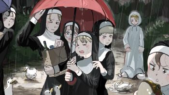 >_< 6+girls ^_^ animal animal_hood bag bird black_hair blonde_hair blue_eyes blue_umbrella bottle box brown_eyes brown_hair bush carrying_bag chicken closed_eyes clumsy_nun_(diva) commentary dirt_road diva_(hyxpk) duck duck_hood eating english_commentary flower freckles freckles_nun_(diva) frog froggy_nun_(diva) glasses glasses_nun_(diva) grey_eyes habit hair_flower hair_ornament hairclip hand_on_another's_shoulder heart heart-shaped_eyewear hiding highres holding holding_animal holding_leash holding_umbrella hood leash little_nuns_(diva) mole mole_under_eye mud multiple_girls nun one_eye_closed open_mouth original outdoors paper_bag puddle rain raincoat red_umbrella road round_eyewear shared_umbrella sheep_nun_(diva) slice_of_life snail spicy_nun_(diva) strict_nun_(diva) sweatdrop swimming tinted_eyewear traditional_nun tree triangle_mouth umbrella under_skirt under_umbrella water_drop wet wet_clothes