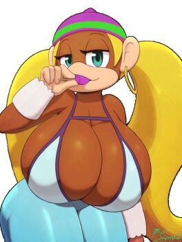 1girl alternate_breast_size_(larger) blonde_hair bra breasts cleavage donkey_kong_(series) donkey_kong_64 earrings eating food furry green_eyes half-closed_eyes hat headgear holding hoop_earrings jewelry long_hair looking_at_viewer misosouperstar monkey nintendo non-web_source outline pants path patterned piercing popsicle purple_hat ring road shaking short_twintails solo tiny_kong transparent twintails underwear very_long_hair