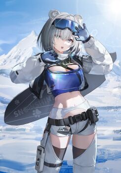 Rule 34 | 1girl, absurdres, animal ears, arknights, arknights: endfield, aurora (arknights), bear ears, bear girl, black gloves, black thighhighs, blue eyes, blue gloves, breasts, chinese commentary, commentary request, fashi laizi weilai, gloves, goggles, goggles on head, grey hair, highres, jacket, large breasts, multicolored gloves, navel, snowshine (arknights), solo, thighhighs, thighs, two-tone gloves, white jacket
