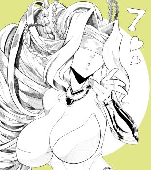 1girl blowing_kiss breasts cleavage covered_eyes digimon digimon_(creature) digimon_story:_time_stranger green_background greyscale_with_colored_background heart highres jewelry large_breasts long_hair necklace puckered_lips solo upper_body venusmon zaviour