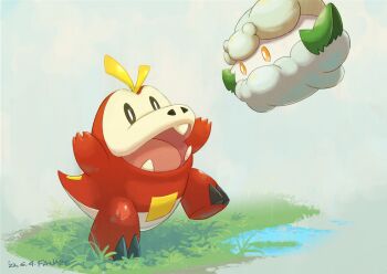 black_eyes bright_pupils commentary_request cottonee dated eye_contact fangs fuecoco fujishiro_(fnpv3835) gen_5_pokemon grass highres looking_at_another nintendo no_humans open_mouth orange_eyes pokemon pokemon_(creature) tongue white_pupils