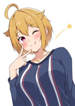 1girl ;q absurdres ahoge blonde_hair blue_shirt blush breasts collarbone commentary_request hair_between_eyes hand_up highres ibuki_tsubasa idolmaster idolmaster_million_live! jewelry karua_(karua23) long_sleeves looking_at_viewer medium_breasts necklace one_eye_closed purple_eyes shirt short_hair simple_background solo star_(symbol) star_necklace tongue tongue_out upper_body v v_over_mouth white_background
