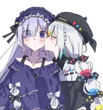 Rule 34 | 2girls, bare shoulders, beret, black jacket, blue dress, blue hair, bow, closed eyes, closed mouth, commentary request, crescent, crescent necklace, dress, gothic lolita, hair over one eye, hairband, hat, highres, jacket, jewelry, jogasaki noah, ka ra c, kiss, kissing cheek, lolita fashion, lolita hairband, long hair, long sleeves, looking at viewer, mahou shoujo no majo saiban, multi-tied hair, multicolored hair, multiple girls, natsume an-an, necklace, polka dot, polka dot bow, profile, purple eyes, simple background, sleeves past fingers, sleeves past wrists, streaked hair, upper body, white background, white hair, yuri