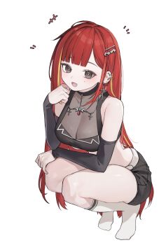 1girl akane_lize bare_shoulders black_shirt black_shorts black_sleeves breasts bright_pupils crop_top cropped_shirt cross cross_earrings detached_sleeves ear_chain earclip earrings elppi fang full_body grey_eyes hair_ornament hairclip hand_up hashtag-only_commentary highres jewelry kneehighs large_breasts linked_piercing long_hair looking_at_viewer mole mole_under_eye multicolored_hair no_shoes open_mouth parted_bangs piercing see-through_cleavage see-through_clothes shirt short_shorts shorts simple_background skin_fang sleeveless sleeveless_shirt smile socks solo squatting stellive straight_hair streaked_hair very_long_hair virtual_youtuber white_background white_pupils white_socks