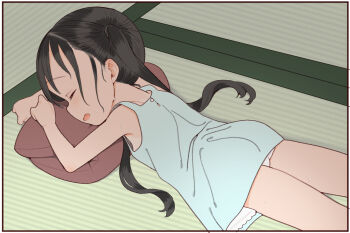 1girl abaji bare_shoulders black_hair blue_dress border closed_eyes commentary_request dress inset_border long_hair lying on_floor on_stomach open_mouth original pillow profile sleeping sleeveless sleeveless_dress solo tatami twintails variant_set white_border