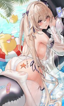 1girl absurdres anchorage_(azur_lane) anchorage_(dolphins_and_swim_lessons)_(azur_lane) ass azur_lane bikini from_behind gurei_(streaper42846) hair_ribbon heart heart-shaped_eyewear highres inflatable_orca inflatable_toy jacket light_brown_hair long_hair looking_at_viewer manjuu_(azur_lane) no_shoes official_alternate_costume ribbon see-through_clothes see-through_jacket see-through_sleeves smile starfish swimsuit thighhighs twintails wet_thighhighs white_bikini white_thighhighs