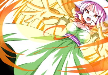 Rule 34 | 1girl, :d, breasts, cape, cleavage, commentary request, dragon quest, dragon quest iii, dress, fire, green dress, hat, highres, ikaringo (ikaringo4444), large breasts, long dress, mage (dq3), magic, open mouth, orange cape, outstretched hand, pink hair, red eyes, short hair, smile, solo