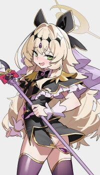 Rule 34 | 1girl, absurdres, black capelet, black dress, black necktie, blonde hair, blue archive, blush, brooch, capelet, commentary, cosplay, cure arcana shadow, cure arcana shadow (cosplay), dress, frilled capelet, frills, green eyes, hair intakes, halo, hashtag-only commentary, highres, holding, holding staff, jewelry, kaminari (edeath), long hair, meitantei precure!, necktie, open mouth, precure, professor niyaniya (blue archive), solo, staff, tear arcana rod, thighhighs, veil, very long hair, white background, wrist cuffs