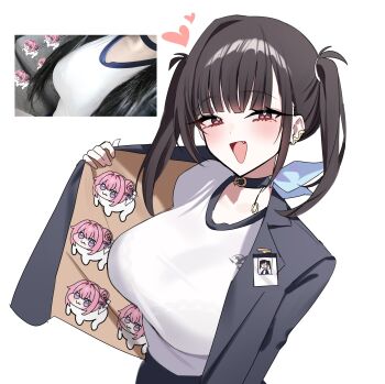 1girl absurdres black_choker black_hair black_jacket blush bra_visible_through_clothes breasts choker commentary doro_(nikke) fang goddess_of_victory:_nikke heart heart_in_eye highres id_card jacket large_breasts looking_at_viewer mole mole_under_eye open_clothes open_jacket open_mouth opened_by_self photo_inset red_eyes reference_sheet shirt smile solo sora_(nikke) suit_jacket symbol_in_eye t-shirt taiyaki12 twintails upper_body white_background white_shirt