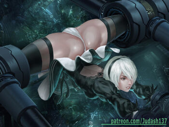 1girl 2b_(nier:automata) ass bdsm black_legwear bondage bound breasts butt_crack colored_skin dress hairband judash137 leotard lingerie long_hair long_sleeves looking_at_viewer machine mole mole_under_mouth nier:automata nier_(series) open_mouth panties parted_lips short_hair solo spread_legs thick_thighs thighs toned underwear upskirt white_hair white_leotard white_panties
