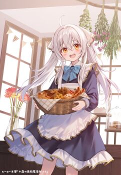 1girl ahoge apron basket black_dress blue_ribbon blush check_copyright commentary copyright_request dot_nose dress feet_out_of_frame flower food frilled_apron frilled_dress frills fukahire_(ruinon) hair_intakes hair_ribbon holding holding_basket indoors long_bangs long_hair long_sleeves looking_at_viewer maid neck_ribbon open_mouth orange_eyes original ribbon short_dress solo string_of_flags symbol-only_commentary vase waffle white_apron white_hair white_ribbon window wispy_bangs