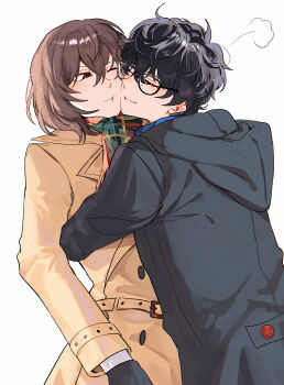 2boys absurdres akechi_gorou amamiya_ren black-framed_eyewear black_coat black_gloves black_hair blue_scarf brown_coat brown_hair closed_eyes closed_mouth coat fsmaichobpeg0 glasses gloves highres hood hooded_coat hug looking_at_another male_focus multiple_boys persona persona_5 red_eyes scarf semi-circular_eyewear short_hair simple_background white_background yaoi