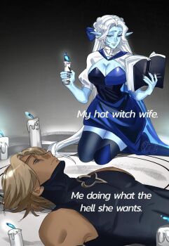 1boy 1girl bare_pectorals black_thighhighs blue_skin book breasts candle cleavage colored_skin genderswap genderswap_(mtf) highres holding holding_book holding_candle jeenyumee large_breasts lying meme my_hot_witch_wife_(meme) on_back pectorals pure_vanilla_cookie shadow_milk_cookie shadow_milk_cookie_(female) shirt sitting thighhighs tight_clothes tight_shirt white_hair