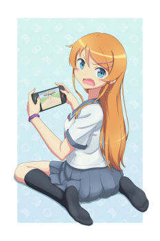 1girl absurdres aqua_background black_socks blue_eyes border commentary english_commentary fang from_behind full_body grey_sailor_collar grey_skirt hair_ornament hairclip handheld_game_console highres holding holding_handheld_game_console kirby_(series) kirby_air_ride kirby_air_riders kneehighs kousaka_kirino kousaka_kirino&#039;s_school_uniform long_hair looking_at_viewer looking_back nintendo nintendo_switch_2 no_shoes open_mouth orange_hair ore_no_imouto_ga_konna_ni_kawaii_wake_ga_nai outside_border parallel_hairclips playing_games pleated_skirt purple_scrunchie sailor_collar scarletsky school_uniform scrunchie serafuku shirt sitting skirt socks solo wariza white_border white_shirt wrist_scrunchie