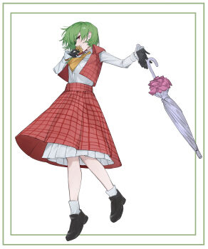 Rule 34 | 1girl, absurdres, ascot, black gloves, black shoes, border, closed umbrella, commentary request, field, flower, flower field, from side, full body, gloves, green border, green hair, highres, holding, holding flower, kazami yuuka, looking at viewer, open clothes, open vest, parasol, petticoat, plaid clothes, plaid skirt, plaid vest, red eyes, red vest, shoes, short hair, skirt, skirt set, smile, socks, solo, sunflower, sunflower field, takoyaki5221, touhou, umbrella, vest, white background, white socks, yellow ascot, yellow flower
