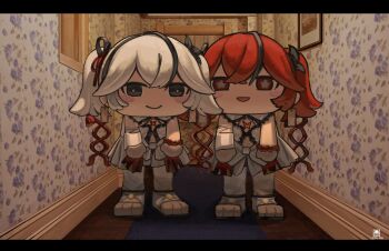 2girls absurdres black_eyes camellya_(wuthering_waves) camellya_mascot_(meme) closed_mouth commentary_request dress dual_persona earrings flower-shaped_pupils gold_earrings hair_intakes highres indoors jewelry kano33 letterboxed looking_at_viewer mascot_costume meme multiple_girls open_mouth red_eyes red_hair scene_reference short_hair short_twintails smile symbol-shaped_pupils the_shining twintails white_dress white_hair wuthering_waves