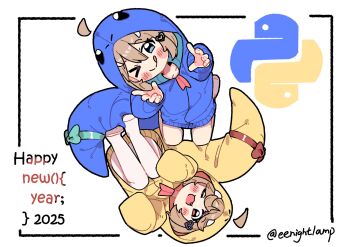 >_o 2025 2girls :q ;d ahoge animal_costume blue_eyes blue_ribbon blush broken_heart broken_heart_hair_ornament brown_hair chinese_zodiac commentary cosplay detached_ahoge dual_persona eenightlamp english_commentary evil_neuro-sama fang happy_new_year highres indie_virtual_youtuber multiple_girls neuro-sama new_year one_eye_closed open_mouth python_(programming_language) red_eyes red_ribbon ribbon simple_background smile snake_costume tail tail_ornament tail_ribbon tongue tongue_out twitter_username virtual_youtuber white_background year_of_the_snake